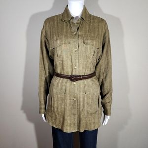 (EUC) VTG COMPANY ELLEN TRACY Khaki Striped Linen Long Sleeve Cargo Shirt